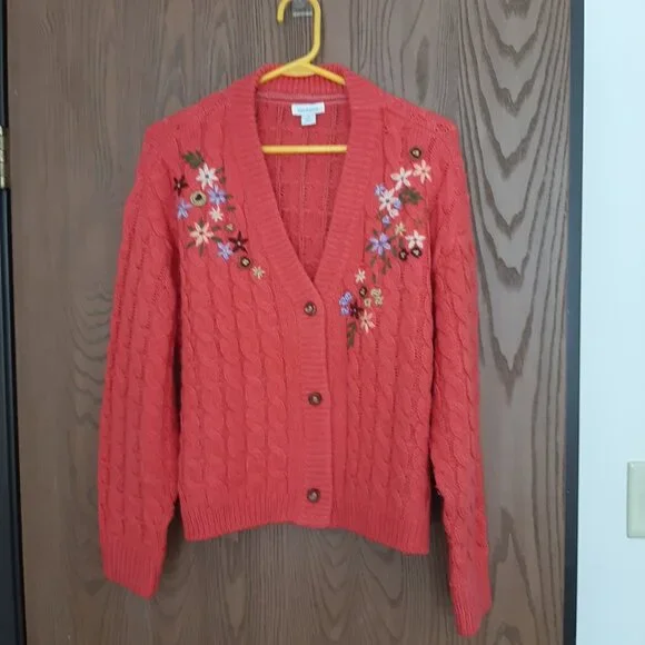 Sundance Hot Pink Floral Embroidered Cable Knit Cardigan Sweater Medium - Picture 1 of 8